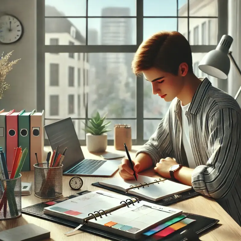 Rapaz concentrado, enquanto organiza seu planner em um ambiente calmo, com Bíblia aberta, café e luz natural — símbolo de fé, propósito e organização.