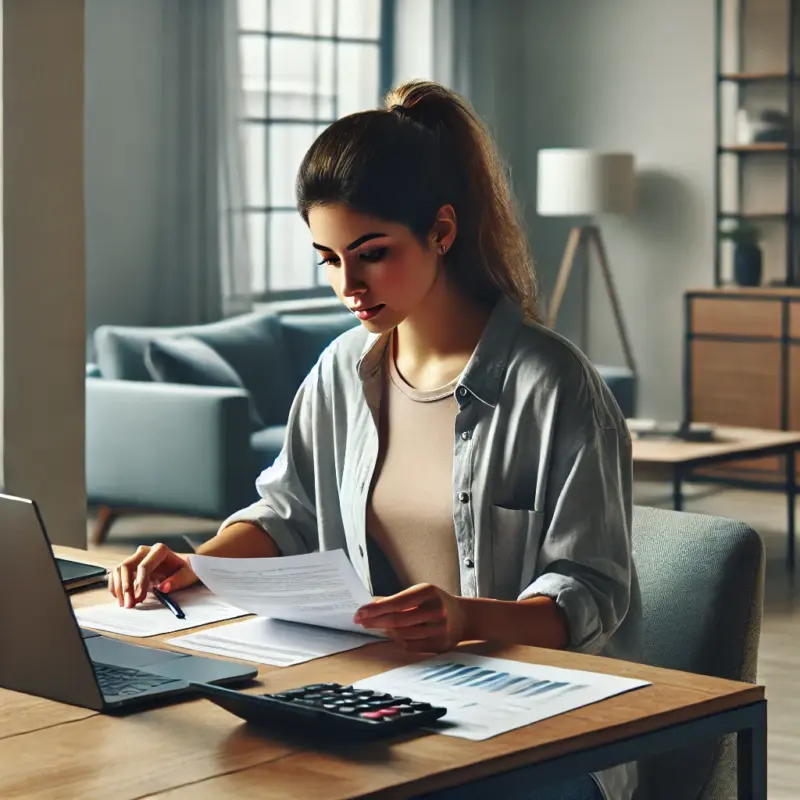 Mulher organizando seu planejamento financeiro com foco, nas metas e desafios.