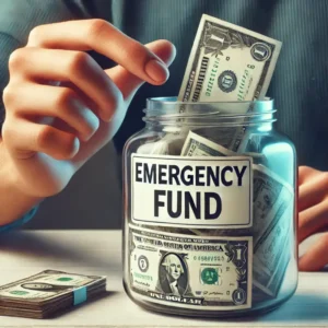 Pessoa colocando dinheiro em pote rotulado como “Emergency Fund”, representando a importância da poupança e da criação de um fundo de emergência para estabilidade financeira.