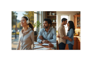 Três cenas mostram saúde emocional, carreira com equilíbrio e relacionamento com empatia.