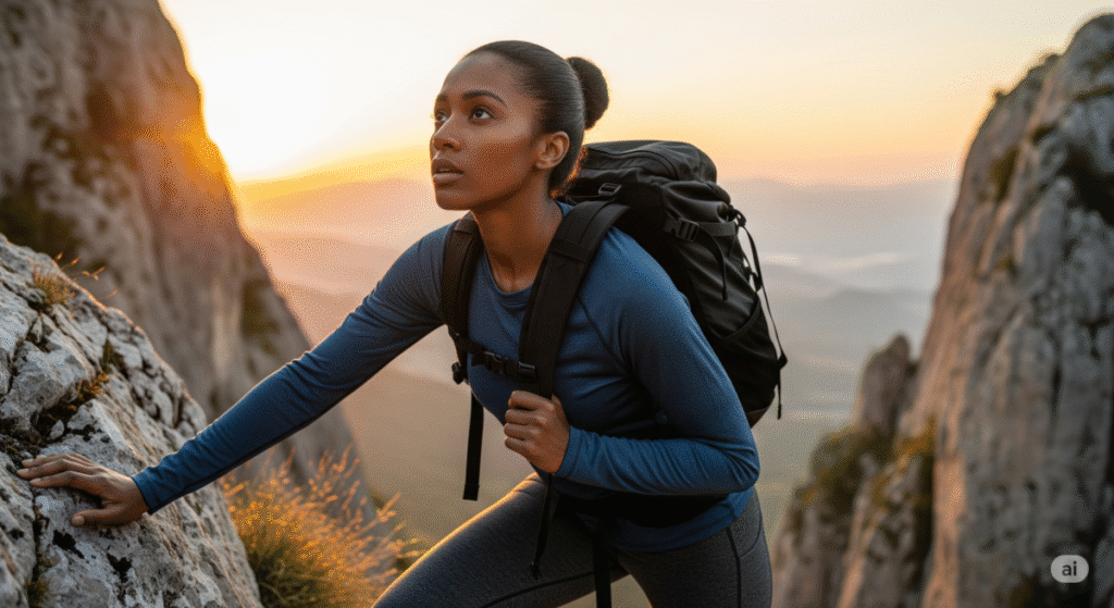Mulher negra escalando montanha ao amanhecer com expressão determinada, representando superação, atitude e força interior