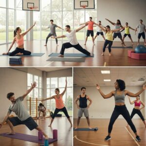 Pessoas praticando atividades físicas como yoga e dança simbolizando autocuidado e motivação sustentável