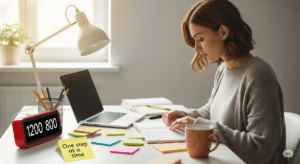 Mulher aplicando a Técnica Pomodoro com organização e disciplina, usando agenda e timer para manter o foco.