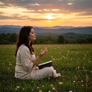Mulher orando ao pôr do sol com Bíblia no colo, representando inteligência espiritual e paz interior.