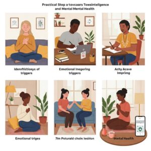 Imagem com cinco cenas: pessoa refletindo, escrevendo sentimentos, dialogando com empatia, orando em silêncio e estudando sobre saúde emocional, representando práticas diárias para equilíbrio mental.