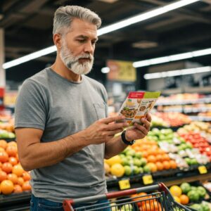 Uma pessoa no supermercado lendo o rótulo dos produtos para ter uma alimentação mais saudável.