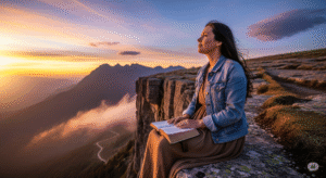 Mulher contemplando os planos de Deus ao pôr do sol