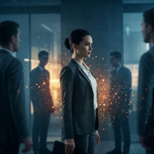 Mulher em ambiente de trabalho tóxico.