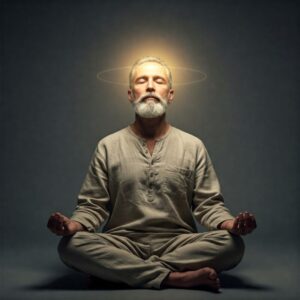 Pessoa em meditação profunda, simbolizando conexão com valores espirituais. 