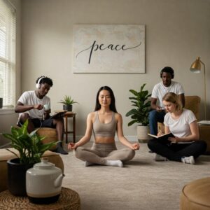 Ambiente tranquilo com pessoas meditando, escrevendo e preparando chá, representando práticas saudáveis de gestão do estresse e equilíbrio emocional.