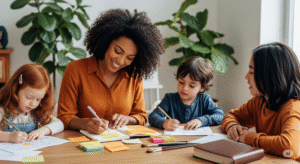 mãe com três filhos em ambiente criativo praticando inteligência emocional no cotidiano