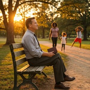 Homem sentado em banco de parque ao pôr do sol, refletindo em silêncio, com pessoas ao fundo representando superação e acolhimento após momentos difíceis.