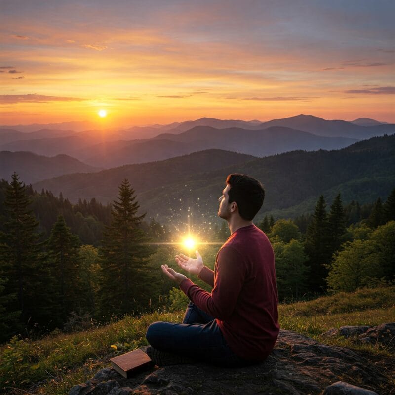 Pessoa contemplando a natureza ao nascer do sol, refletindo sobre a vida com paz e propósito, simbolizando inteligência espiritual e plenitude interior.
