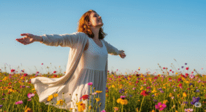 Mulher com espírito de gratidão, orando com Bíblia nas mãos diante do nascer do sol nas montanhas