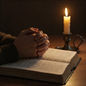 Mãos orando sobre uma Bíblia aberta, representando fé e conexão com Deus. 