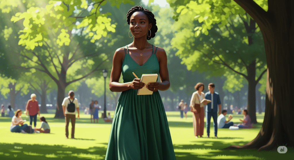 Mulher caminhando em parque, refletindo com caderno na mão, simbolizando o equilíbrio emocional e a prática da fé