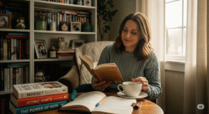 Mulher lendo vários livros sobre inteligência emocional em ambiente calmo e inspirador
