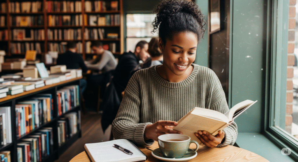Mulher negra lendo livro sobre inteligência emocional em ambiente calmo e inspirador