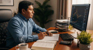 Homem analisando suas finanças com sabedoria e fé, representando o conceito de inteligência financeira