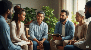 Grupo de pessoas em roda trocando experiências com empatia e acolhimento, representando a prática da inteligência emocional com fé