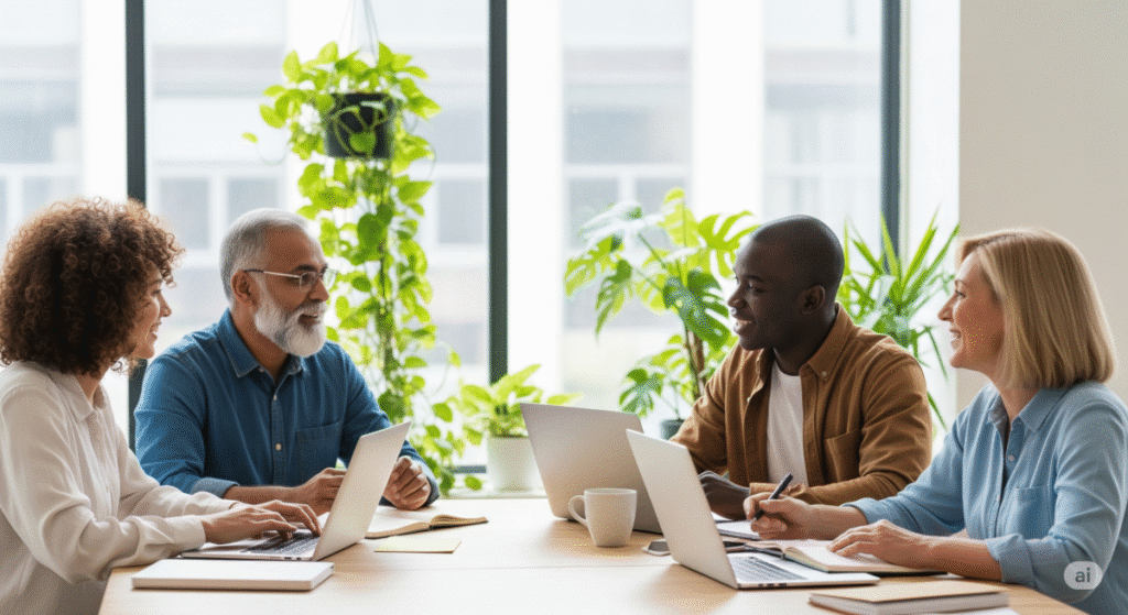 Pessoas diversas cooperando em um ambiente de trabalho positivo.