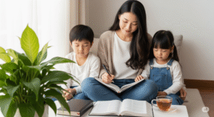 Mulher escrevendo e orando, com os filhos em momento devocional, como prática de inteligência emocional no cotidiano