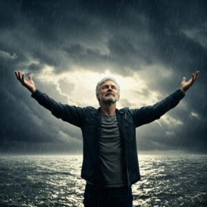 Homem com braços aberto expressando gratidão.