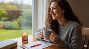 Mulher concluindo tarefa e celebrando com um momento de descanso consciente, reforçando positividade na disciplina.