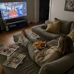 Mulher deitada no sofá assistindo televisão, rodeada de jornais e comida, representando os hábitos que mantêm na zona de conforto