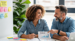 Duas pessoas colaborando em um ambiente calmo e produtivo, simbolizando apoio mútuo para superar a procrastinação