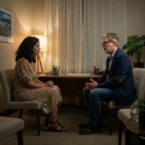 Duas pessoas num consultório de terapia, com paciente e terapeuta conversando.