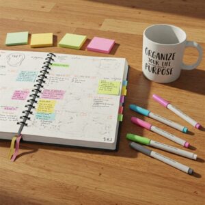 Planner aberto sobre a mesa com post-its coloridos, canetas e caneca com a frase “organize com propósito”.