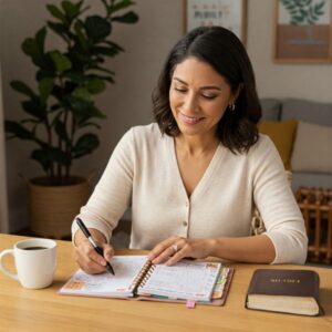 Mulher sorridente escrevendo em agenda ao lado de uma Bíblia e xícara, refletindo foco, fé e organização pessoal.