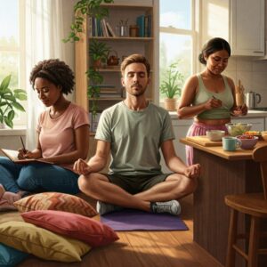 Pessoas em casa praticando cuidados emocionais: uma escreve em diário, outra medita, e uma terceira cozinha calmamente, simbolizando hábitos saudáveis para equilíbrio mental.
