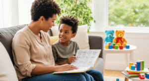 Mãe e filho conversando sobre sentimentos em casa, simbolizando a educação emocional no cotidiano
