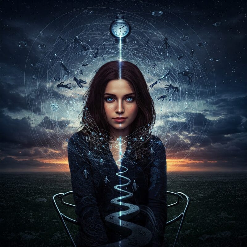 Ilustração artística de uma mulher com expressão dividida entre angústia e serenidade, sentada em uma cadeira que se transforma em um redemoinho de pensamentos ansiosos. Um caminho iluminado emerge do turbilhão mental, com mãos estendidas oferecendo apoio. Nuvens escuras se transformam em balões coloridos, simbolizando a jornada da ansiedade à libertação emocional.