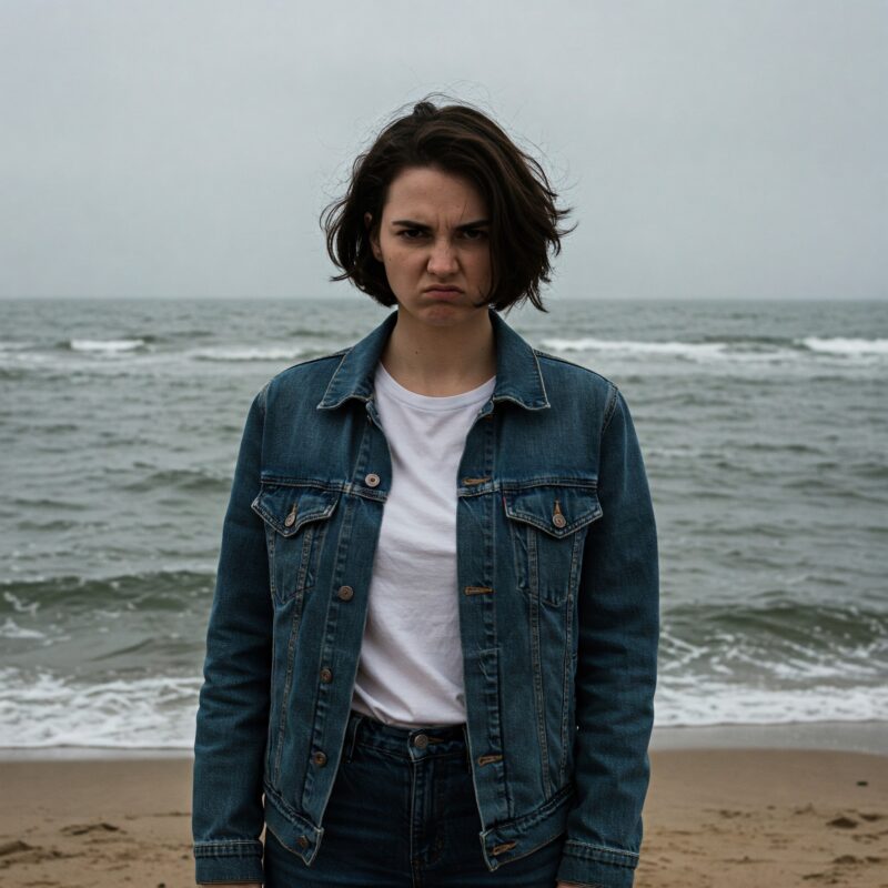 uma pessoa com rosto mal humorado, pessimista olhando para o mar