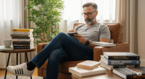 Leitor em ambiente tranquilo e organizado, representando concentração, planejamento e motivação para agir.Legenda: Pequenos momentos de foco transformam grandes metas em realidad