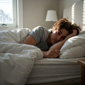 Uma pessoa deitada na cama, sem vontade de levantar, deprimida.