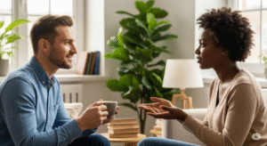 Duas pessoas conversando com empatia e respeito, resolvendo conflitos com inteligência emocional