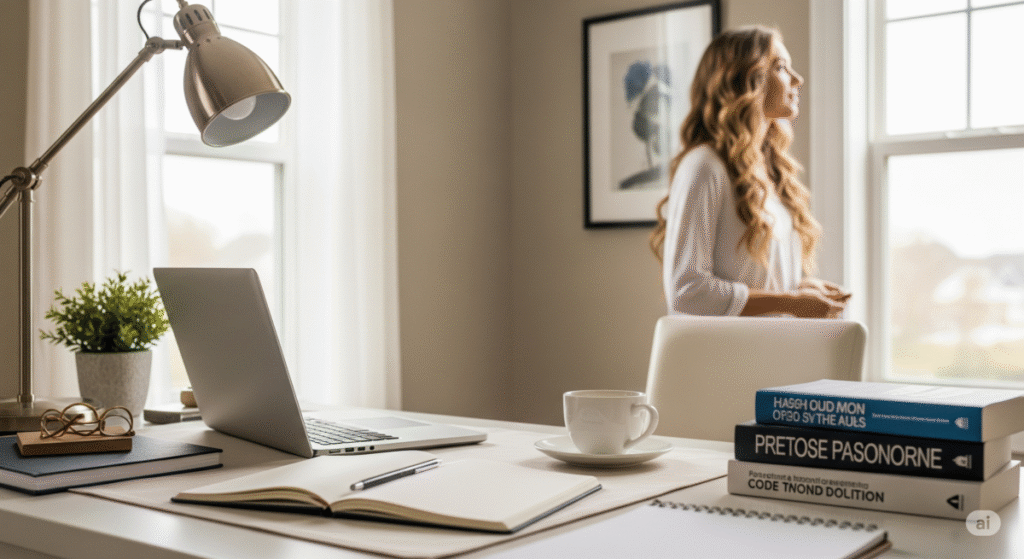 Mesa com computador, caderno e livros, representando um ambiente produtivo e acolhedor para quem busca vencer a procrastinação com equilíbrio.