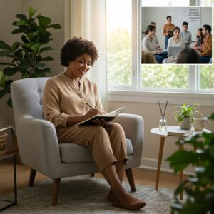 Mulher sentada em uma poltrona perto da janela, escrevendo em um caderno, com Bíblia, chá e plantas ao redor, simbolizando introspecção e bem-estar emocional.