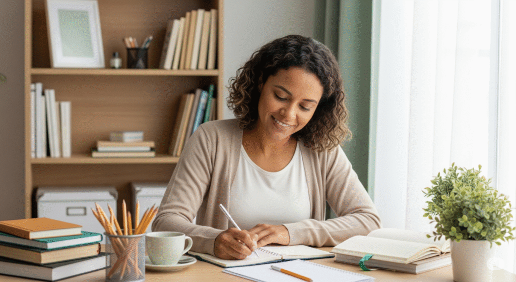 Mulher morena sorrindo enquanto escreve em seu planner sobre uma mesa organizada, com livros, caderno, café e luz natural, representando disciplina e rotina com propósito.