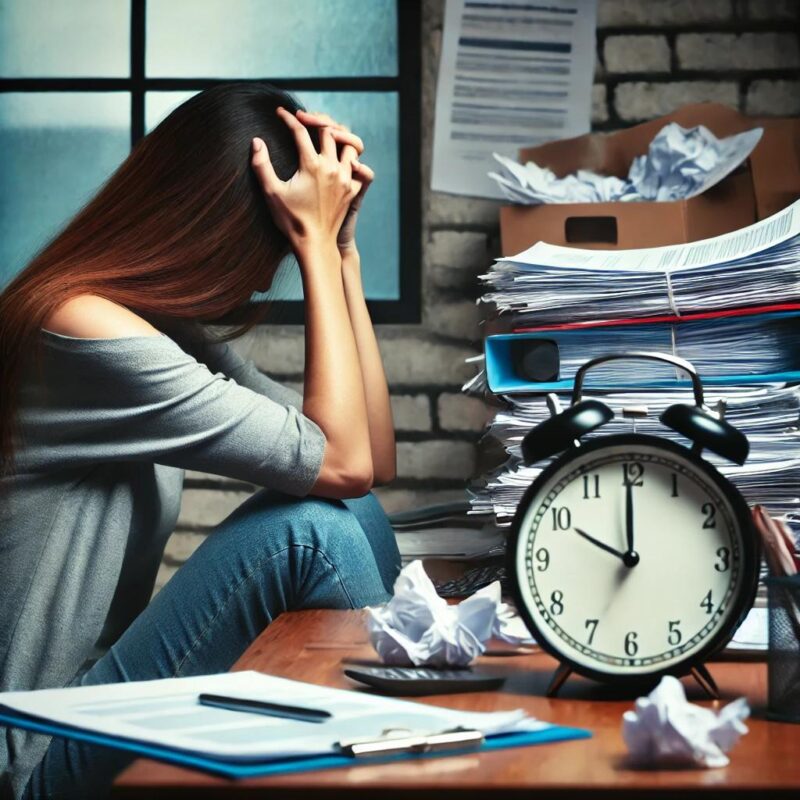 Pessoa, cheia de trabalho, estressada.