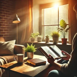 Pessoa numa sala iluminada, realizando leitura. Como viver com motivação