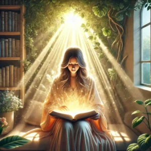 Renovando Sua Mente: Uma pessoa em um ambiente tranquilo, lendo a Bíblia, com raios de luz suave iluminando o livro, sugerindo clareza de pensamento e iluminação espiritual.