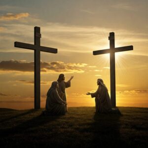 Cruz iluminada por luz suave ao entardecer, sobre colina silenciosa, representando o perdão imediato e a salvação pela graça oferecida por Jesus ao ladrão na cruz.

