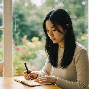Uma fotografia intimista de uma pessoa sentada à beira de uma janela em um quarto iluminado naturalmente, com um caderno e uma caneta na mão. A expressão no rosto reflete concentração e serenidade. Ao fundo, a vista para um jardim ou paisagem urbana suave reforça a ideia de introspecção e autoconhecimento.