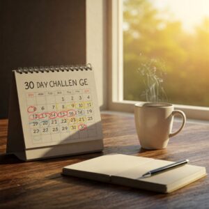Uma fotografia capturada ao amanhecer, mostrando um calendário aberto em uma mesa rústica com marcações coloridas para cada dia do mês. Ao lado, há uma xícara de café fumegante e um caderno de anotações. A luz suave do sol ilumina o ambiente, simbolizando o início de uma nova jornada e o poder transformador de um desafio de 30 dias.