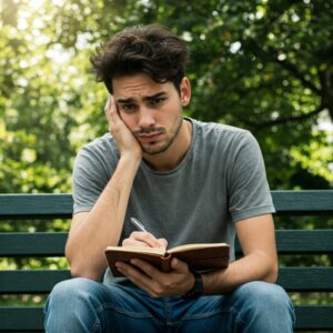  Pessoa escrevendo em um diário, analisando seus sentimentos e identificando as causas do desânimo. 